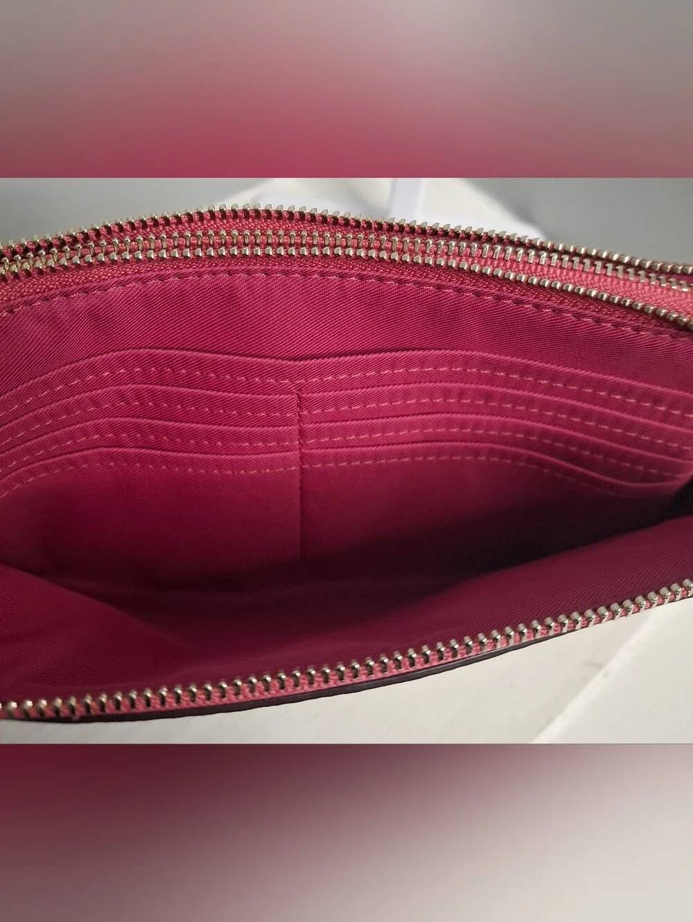 Coach Double Zip Wristlet Signature Canvas Khaki Fuchsia  EUC Like New
